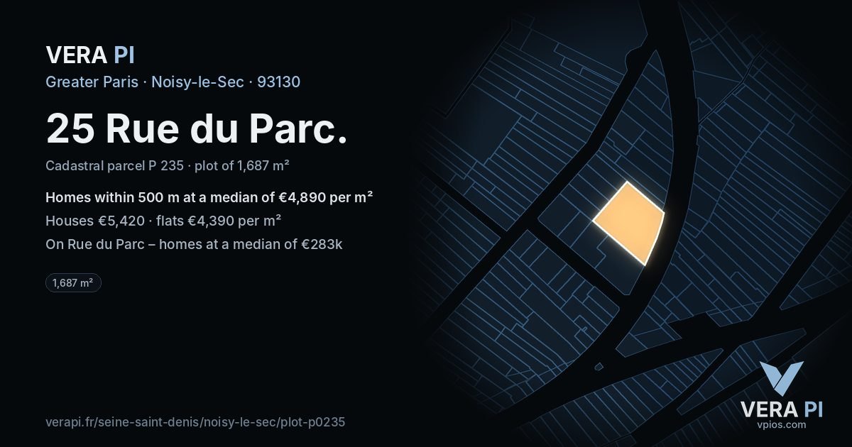 25 Rue du Parc, Noisy-le-Sec at night – the plot lit, the parcels around coloured by the prices near them