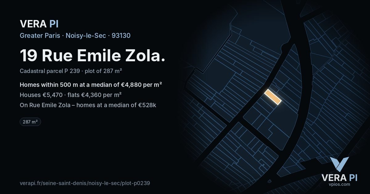 19 Rue Emile Zola, Noisy-le-Sec at night – the plot lit, the parcels around coloured by the prices near them