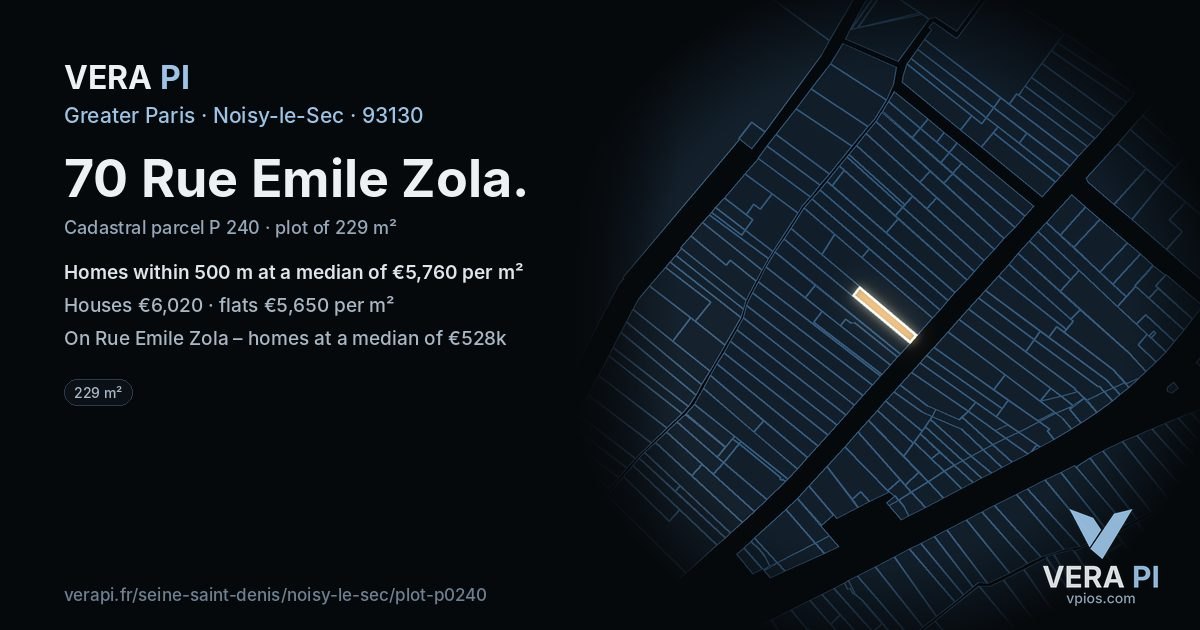 70 Rue Emile Zola, Noisy-le-Sec at night – the plot lit, the parcels around coloured by the prices near them