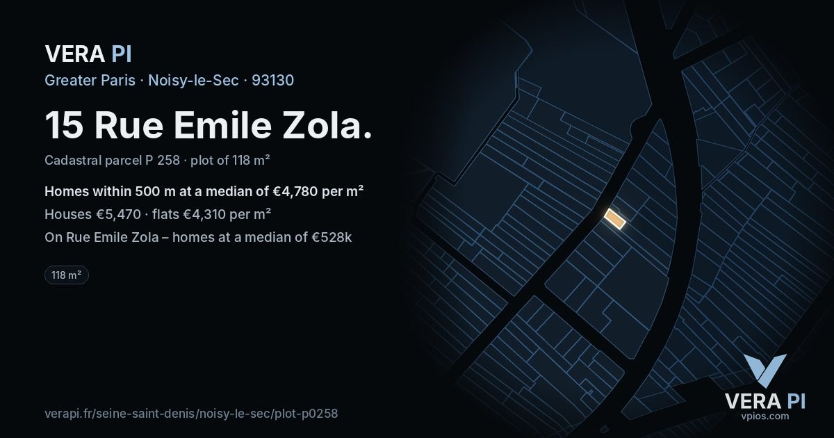 15 Rue Emile Zola, Noisy-le-Sec at night – the plot lit, the parcels around coloured by the prices near them