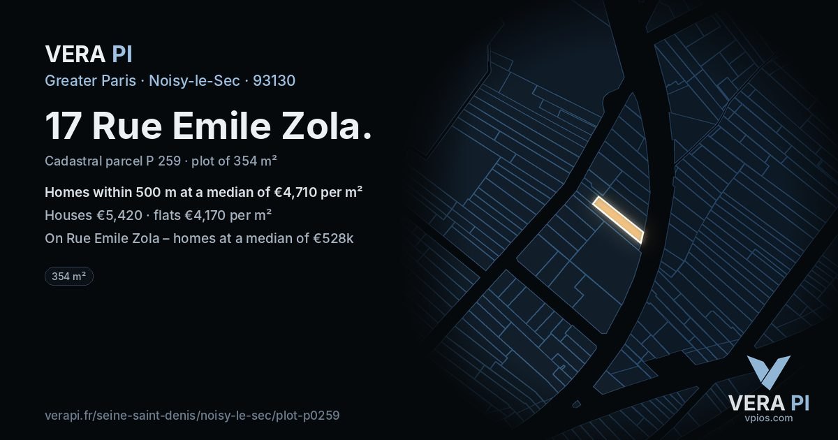 17 Rue Emile Zola, Noisy-le-Sec at night – the plot lit, the parcels around coloured by the prices near them