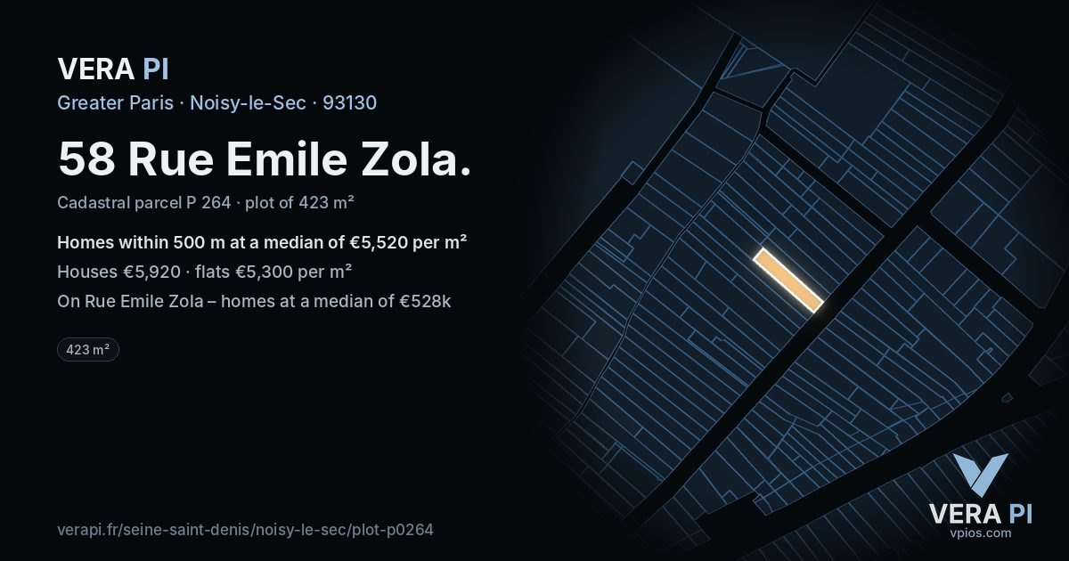 58 Rue Emile Zola, Noisy-le-Sec at night – the plot lit, the parcels around coloured by the prices near them