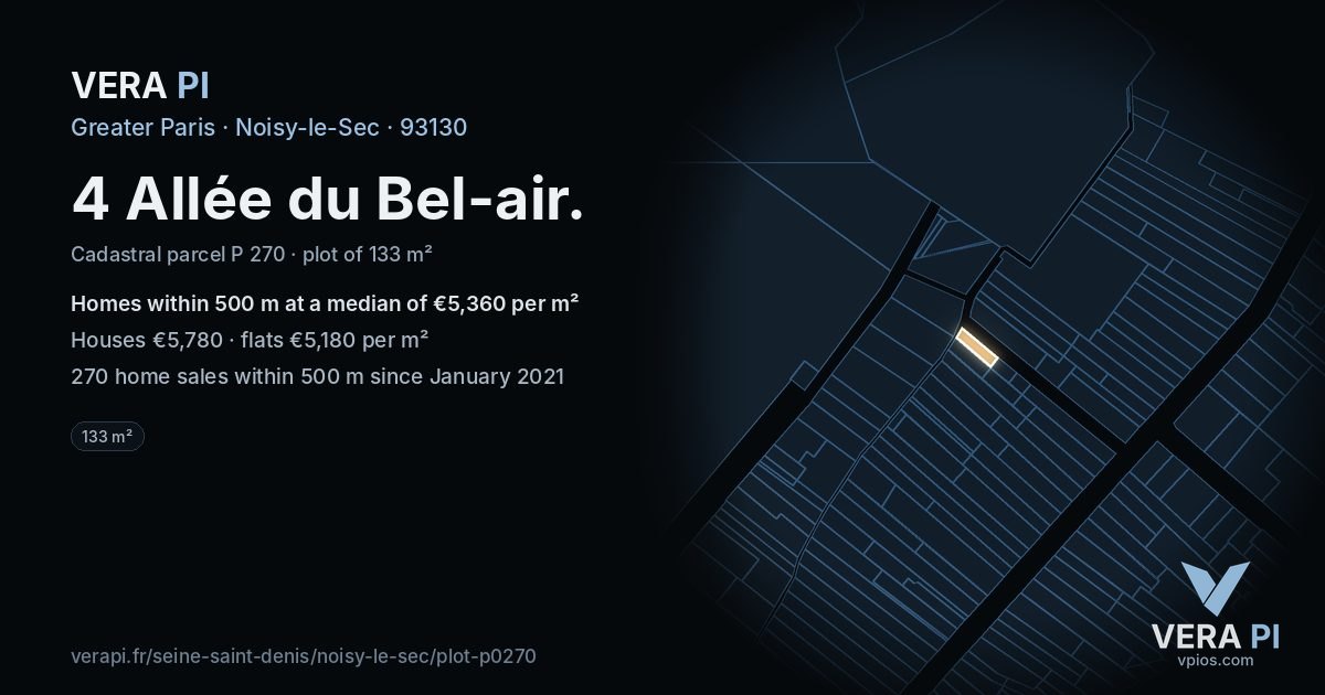 4 Allée du Bel-air, Noisy-le-Sec at night – the plot lit, the parcels around coloured by the prices near them