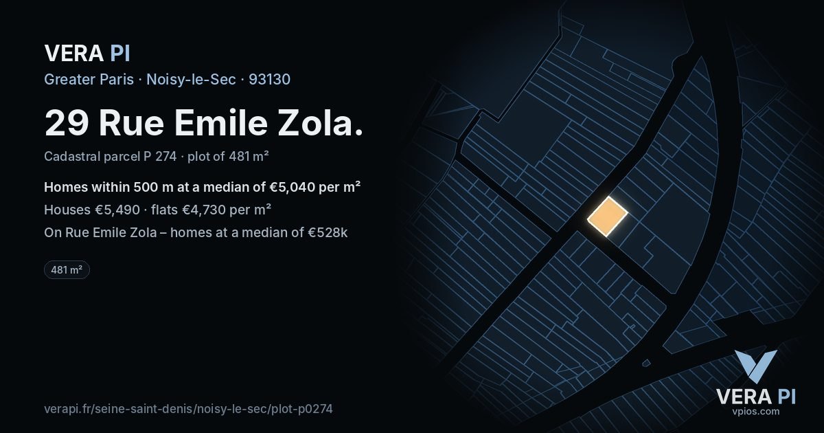 29 Rue Emile Zola, Noisy-le-Sec at night – the plot lit, the parcels around coloured by the prices near them
