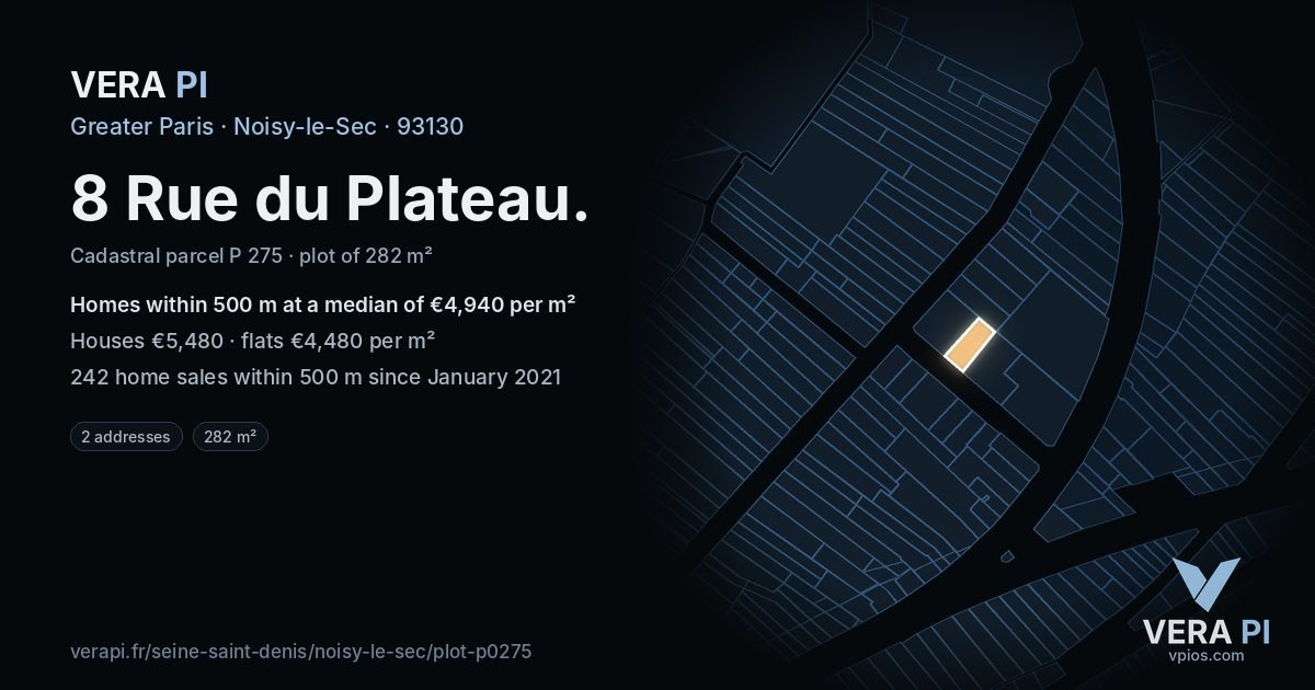 8 Rue du Plateau, Noisy-le-Sec at night – the plot lit, the parcels around coloured by the prices near them