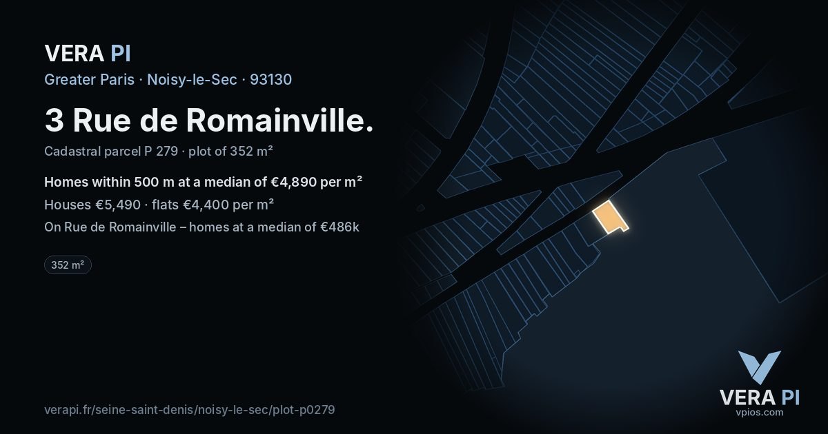 3 Rue de Romainville, Noisy-le-Sec at night – the plot lit, the parcels around coloured by the prices near them