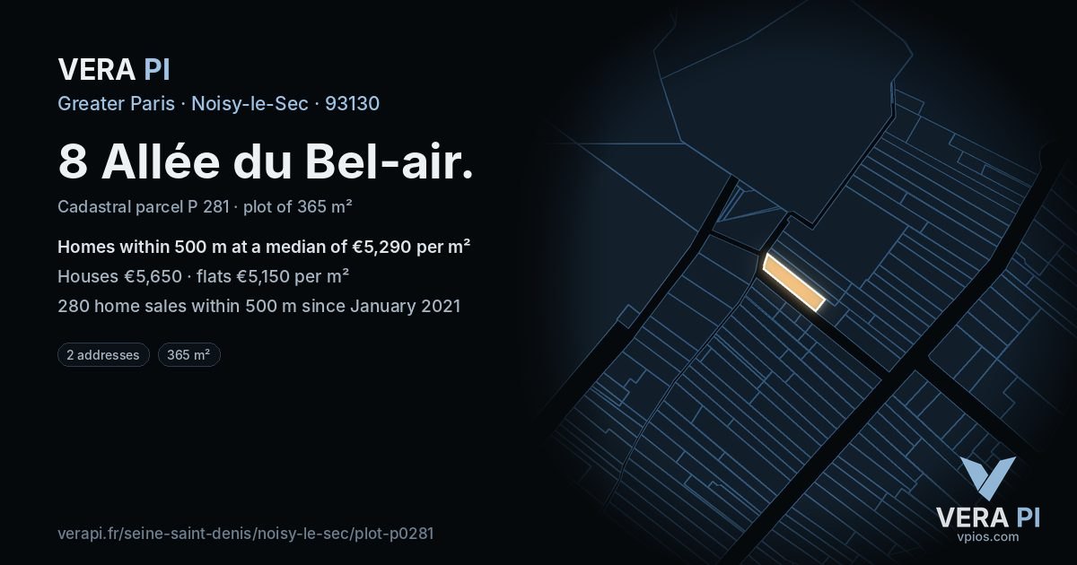 8 Allée du Bel-air, Noisy-le-Sec at night – the plot lit, the parcels around coloured by the prices near them