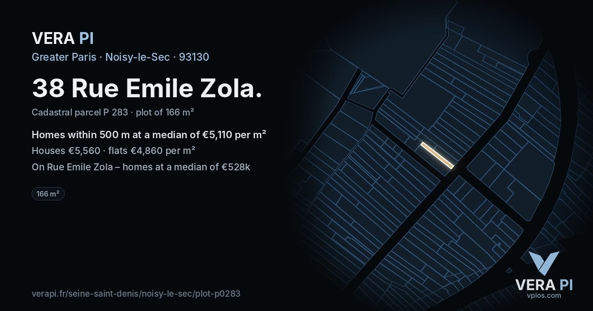 38 Rue Emile Zola, Noisy-le-Sec at night – the plot lit, the parcels around coloured by the prices near them