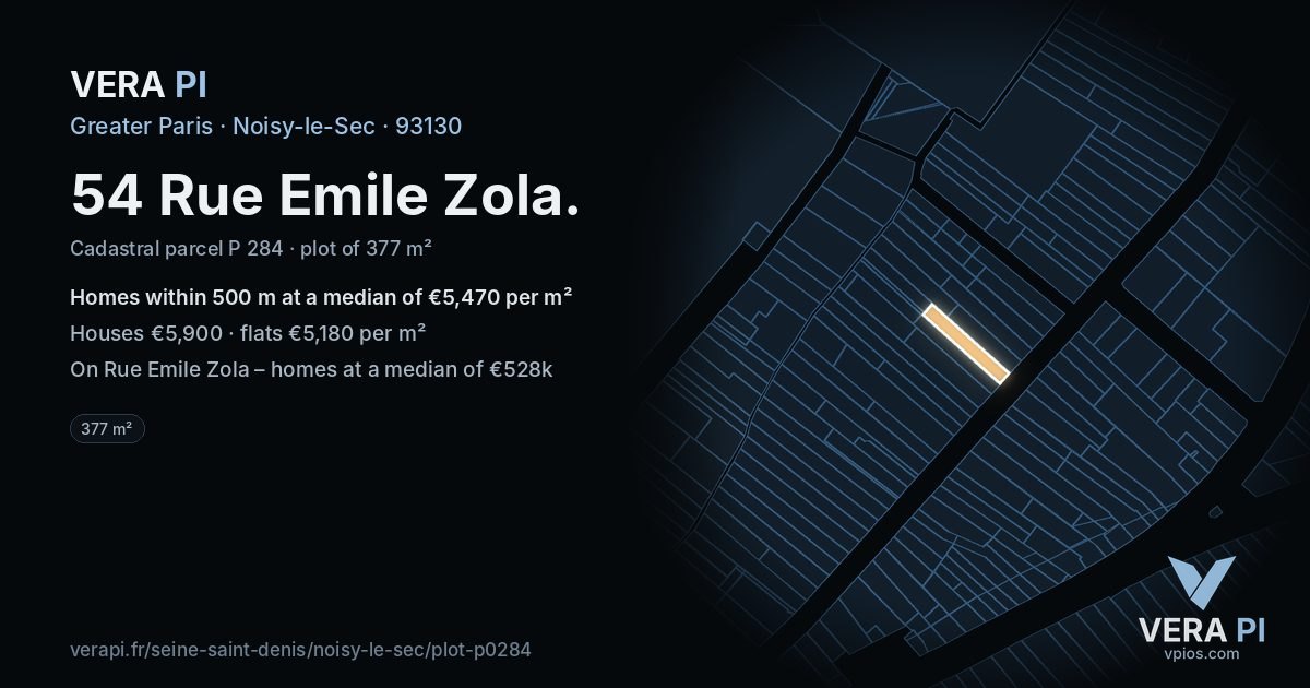 54 Rue Emile Zola, Noisy-le-Sec at night – the plot lit, the parcels around coloured by the prices near them