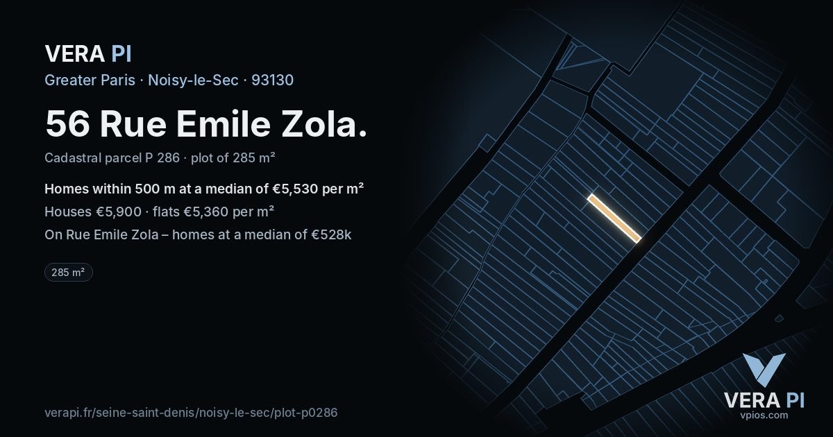 56 Rue Emile Zola, Noisy-le-Sec at night – the plot lit, the parcels around coloured by the prices near them