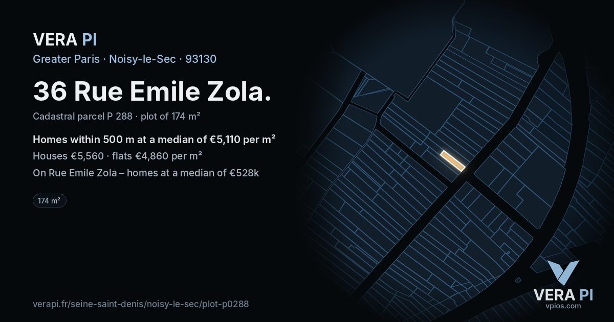 36 Rue Emile Zola, Noisy-le-Sec at night – the plot lit, the parcels around coloured by the prices near them