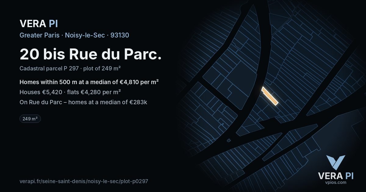 20 bis Rue du Parc, Noisy-le-Sec at night – the plot lit, the parcels around coloured by the prices near them