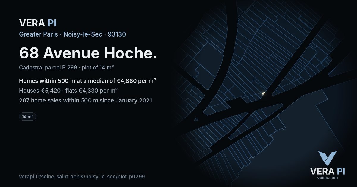 68 Avenue Hoche, Noisy-le-Sec at night – the plot lit, the parcels around coloured by the prices near them