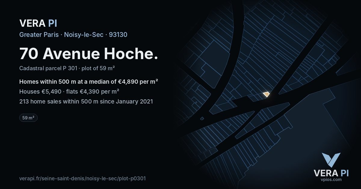 70 Avenue Hoche, Noisy-le-Sec at night – the plot lit, the parcels around coloured by the prices near them