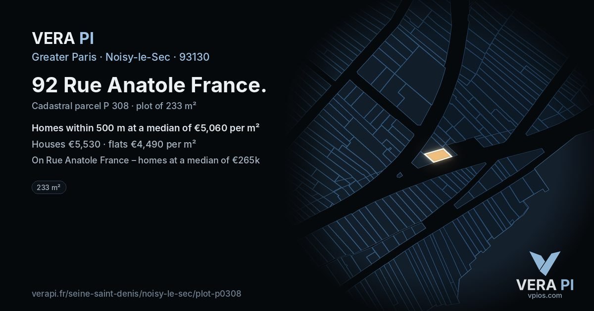 92 Rue Anatole France, Noisy-le-Sec at night – the plot lit, the parcels around coloured by the prices near them