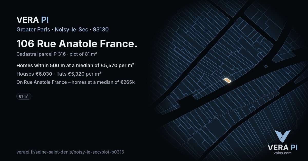 106 Rue Anatole France, Noisy-le-Sec at night – the plot lit, the parcels around coloured by the prices near them
