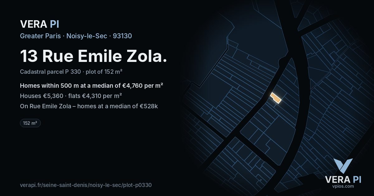 13 Rue Emile Zola, Noisy-le-Sec at night – the plot lit, the parcels around coloured by the prices near them
