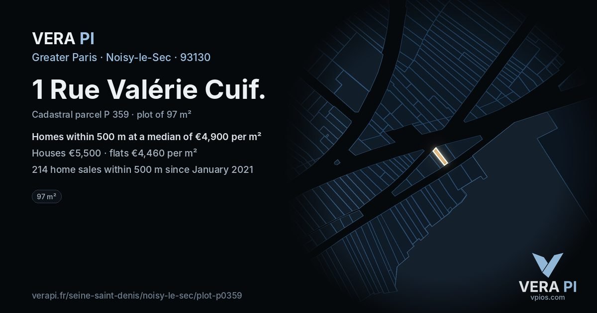 1 Rue Valérie Cuif, Noisy-le-Sec at night – the plot lit, the parcels around coloured by the prices near them