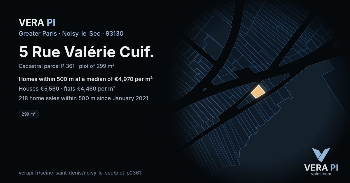 5 Rue Valérie Cuif, Noisy-le-Sec at night – the plot lit, the parcels around coloured by the prices near them