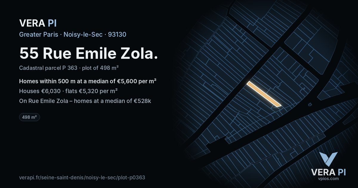 55 Rue Emile Zola, Noisy-le-Sec at night – the plot lit, the parcels around coloured by the prices near them