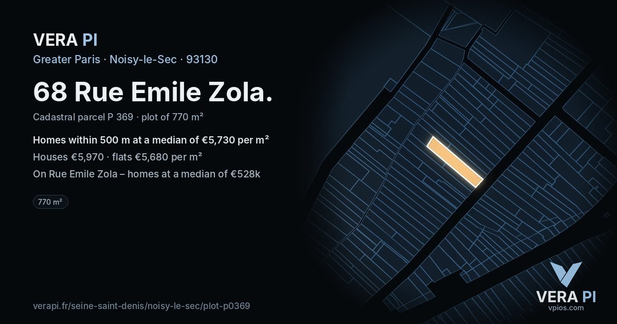 68 Rue Emile Zola, Noisy-le-Sec at night – the plot lit, the parcels around coloured by the prices near them