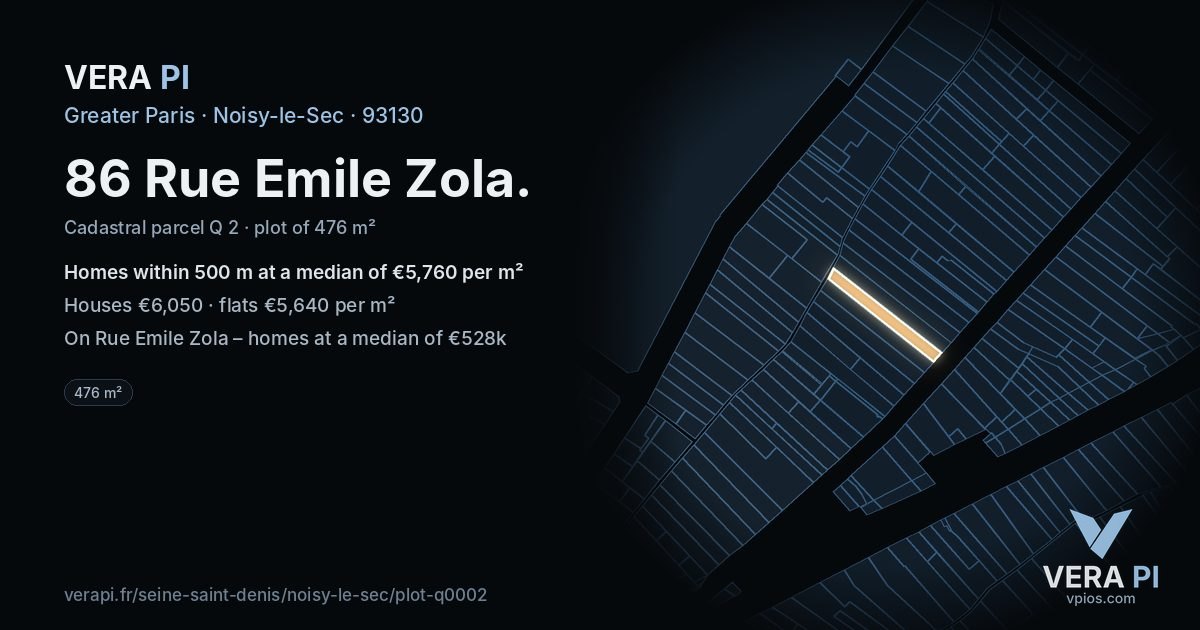 86 Rue Emile Zola, Noisy-le-Sec at night – the plot lit, the parcels around coloured by the prices near them