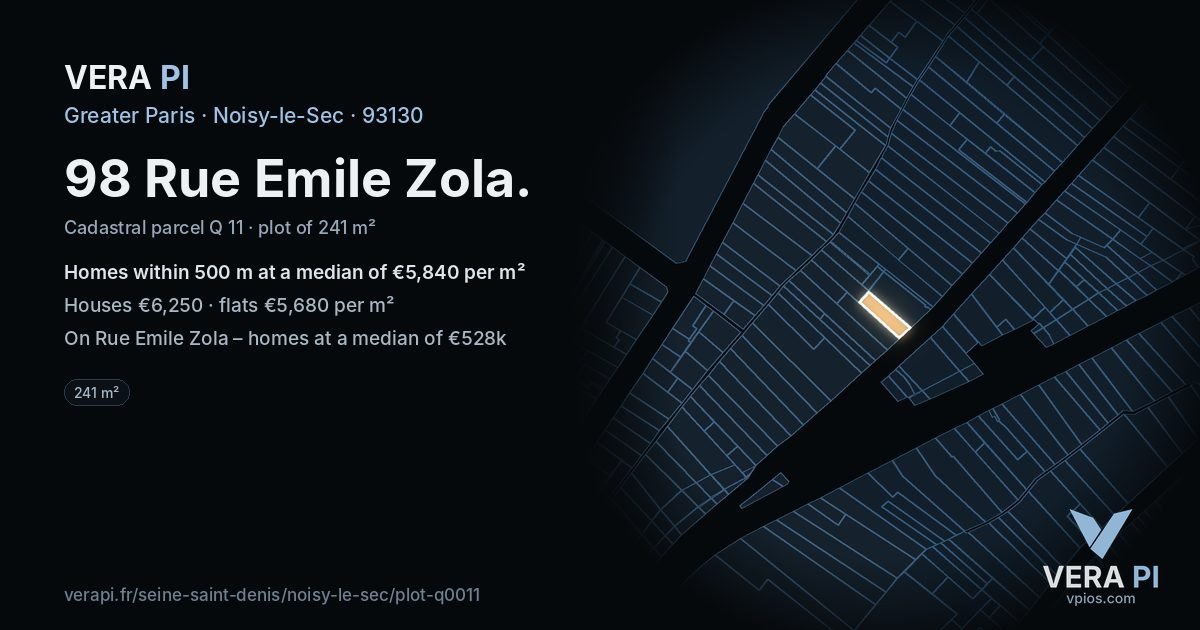 98 Rue Emile Zola, Noisy-le-Sec at night – the plot lit, the parcels around coloured by the prices near them