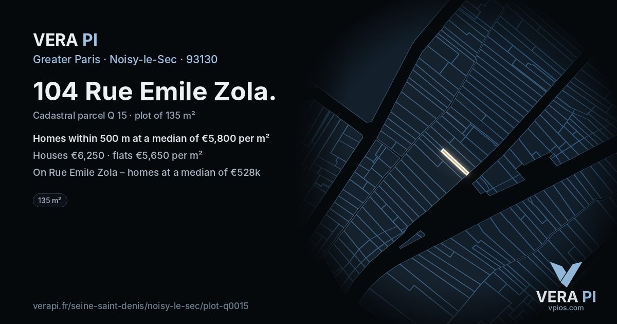 104 Rue Emile Zola, Noisy-le-Sec at night – the plot lit, the parcels around coloured by the prices near them