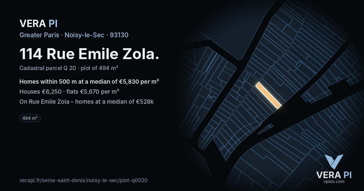 114 Rue Emile Zola, Noisy-le-Sec at night – the plot lit, the parcels around coloured by the prices near them