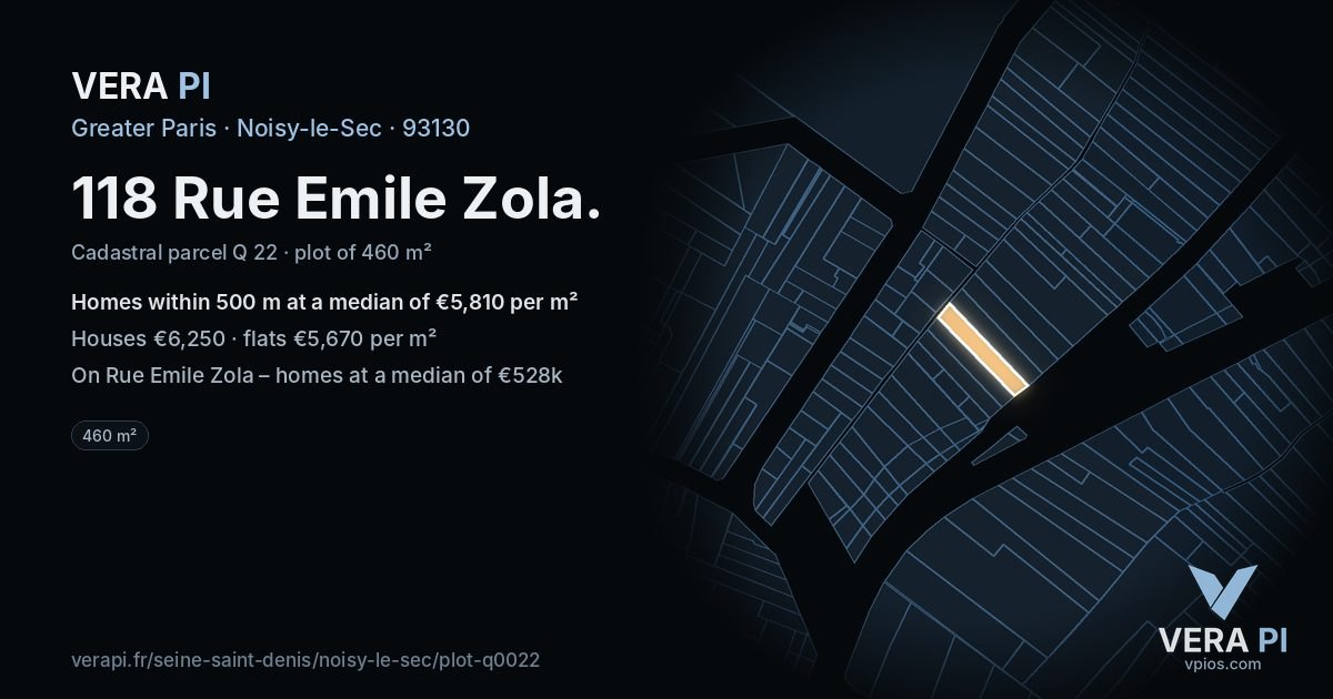 118 Rue Emile Zola, Noisy-le-Sec at night – the plot lit, the parcels around coloured by the prices near them