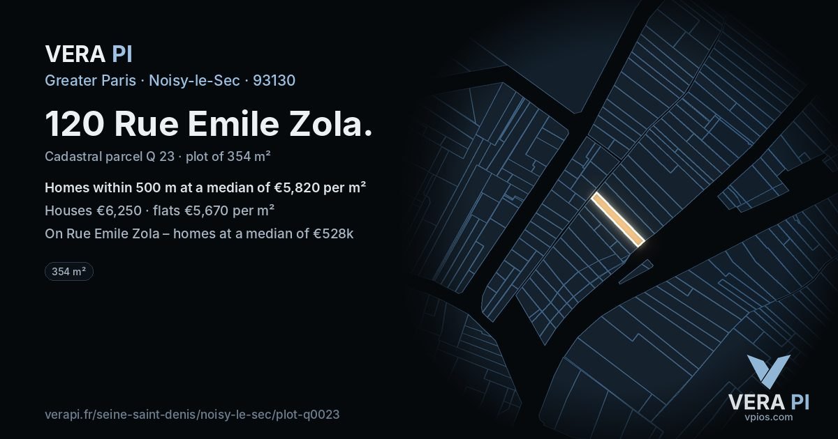 120 Rue Emile Zola, Noisy-le-Sec at night – the plot lit, the parcels around coloured by the prices near them