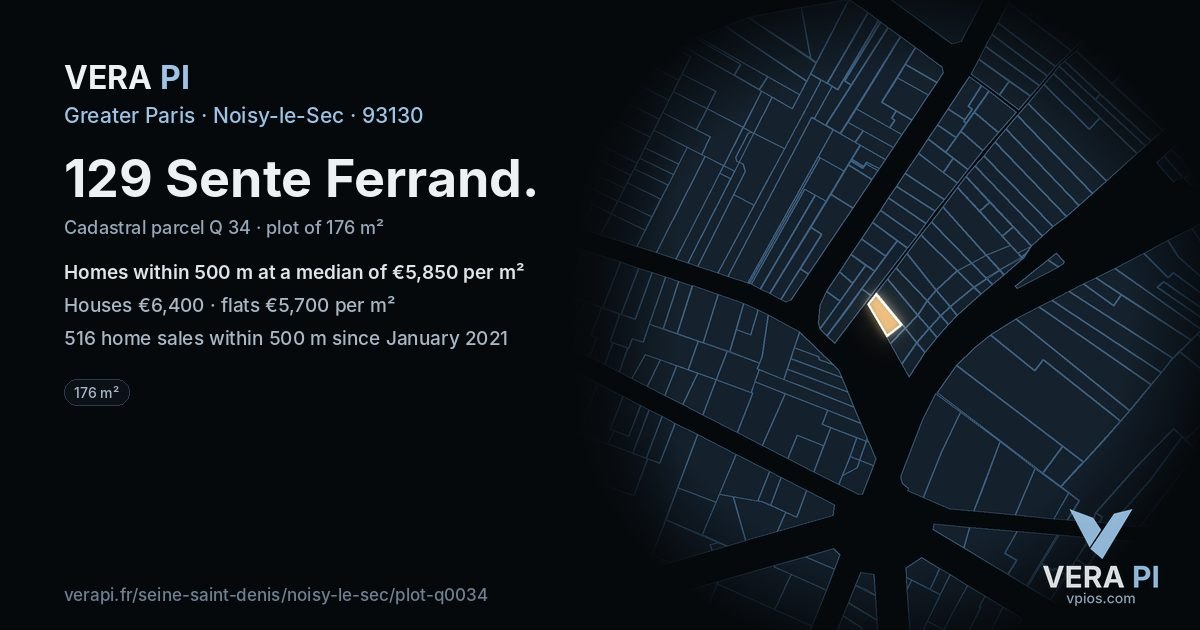 129 Sente Ferrand, Noisy-le-Sec at night – the plot lit, the parcels around coloured by the prices near them