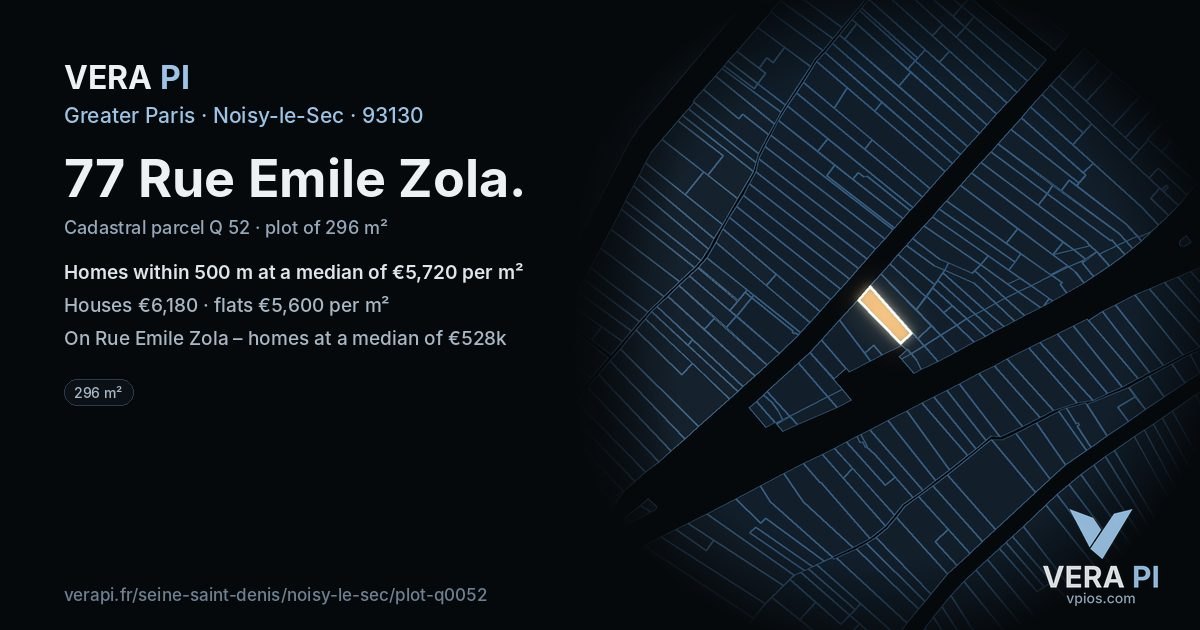77 Rue Emile Zola, Noisy-le-Sec at night – the plot lit, the parcels around coloured by the prices near them