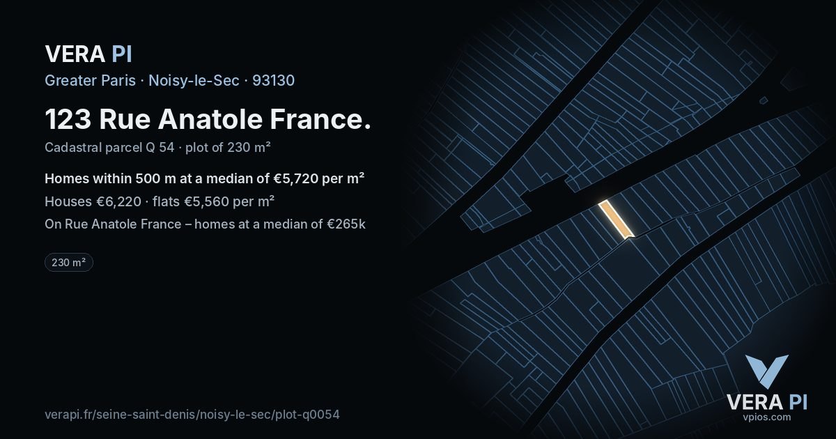 123 Rue Anatole France, Noisy-le-Sec at night – the plot lit, the parcels around coloured by the prices near them