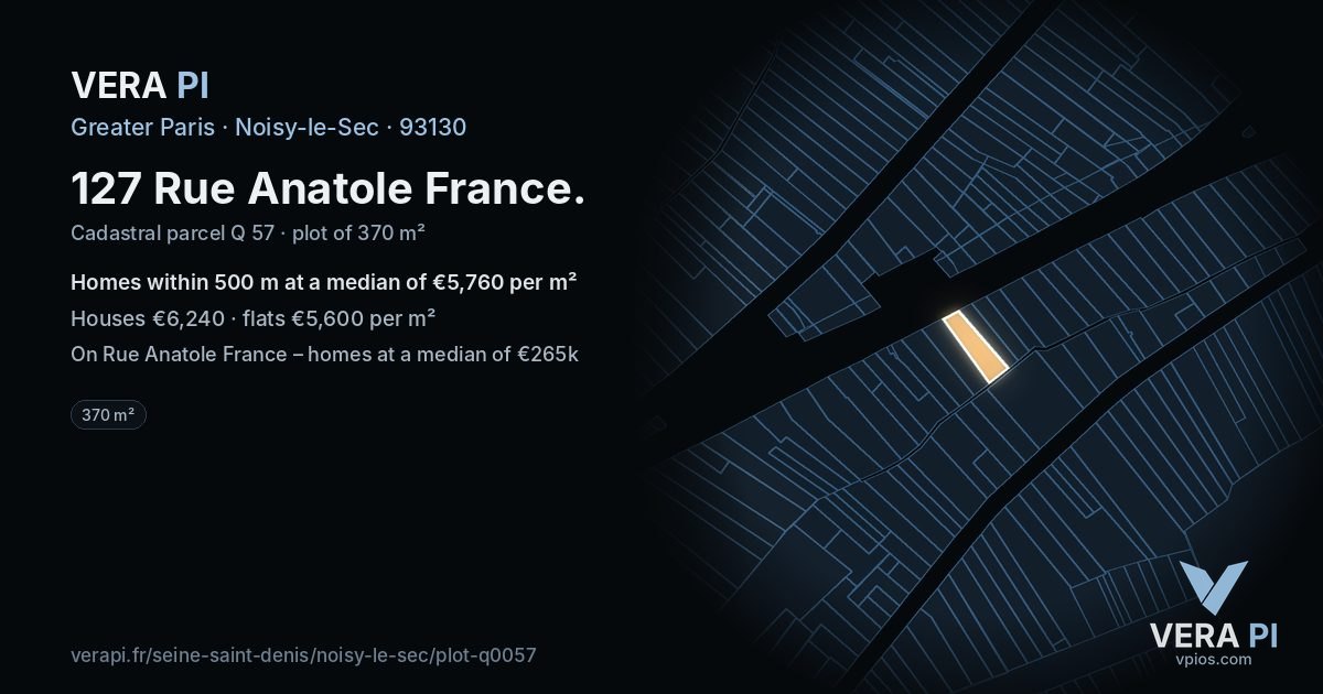 127 Rue Anatole France, Noisy-le-Sec at night – the plot lit, the parcels around coloured by the prices near them