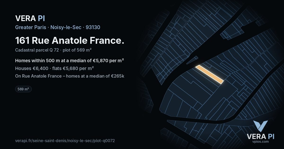 161 Rue Anatole France, Noisy-le-Sec at night – the plot lit, the parcels around coloured by the prices near them
