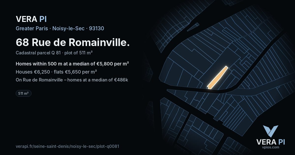 68 Rue de Romainville, Noisy-le-Sec at night – the plot lit, the parcels around coloured by the prices near them