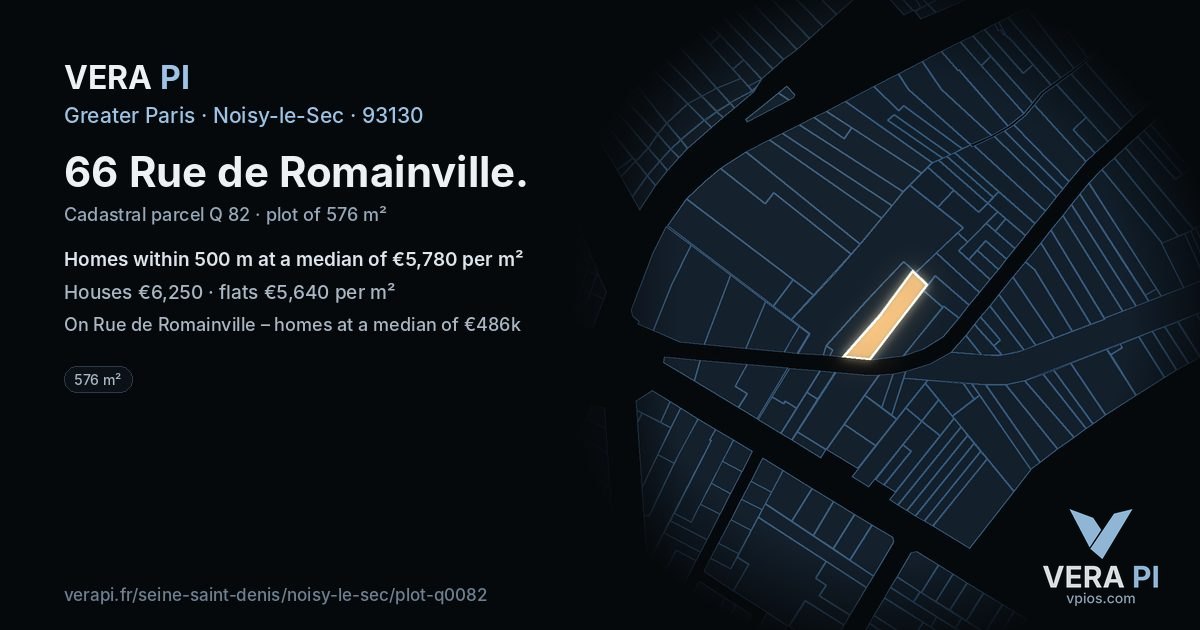 66 Rue de Romainville, Noisy-le-Sec at night – the plot lit, the parcels around coloured by the prices near them