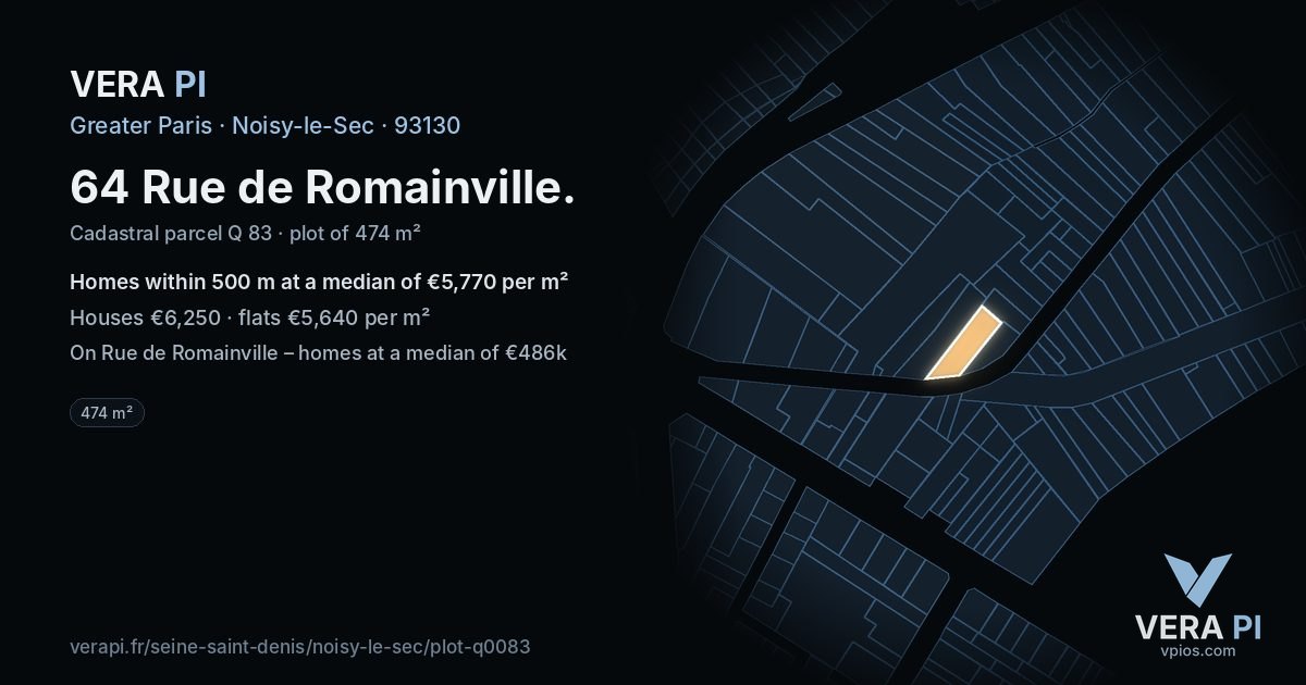 64 Rue de Romainville, Noisy-le-Sec at night – the plot lit, the parcels around coloured by the prices near them