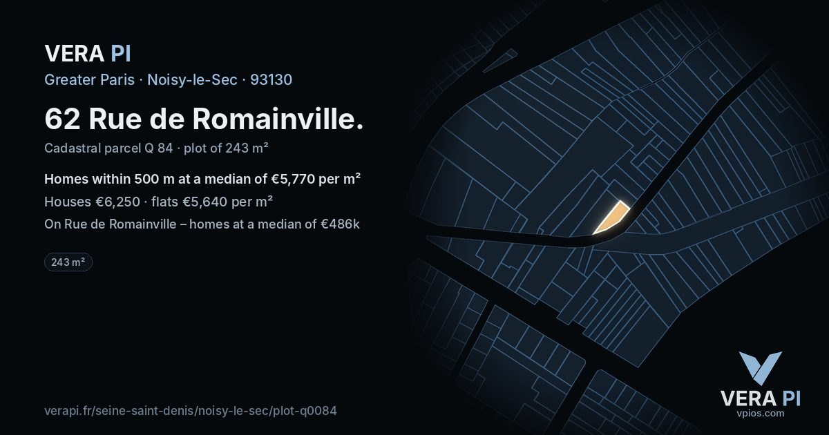 62 Rue de Romainville, Noisy-le-Sec at night – the plot lit, the parcels around coloured by the prices near them