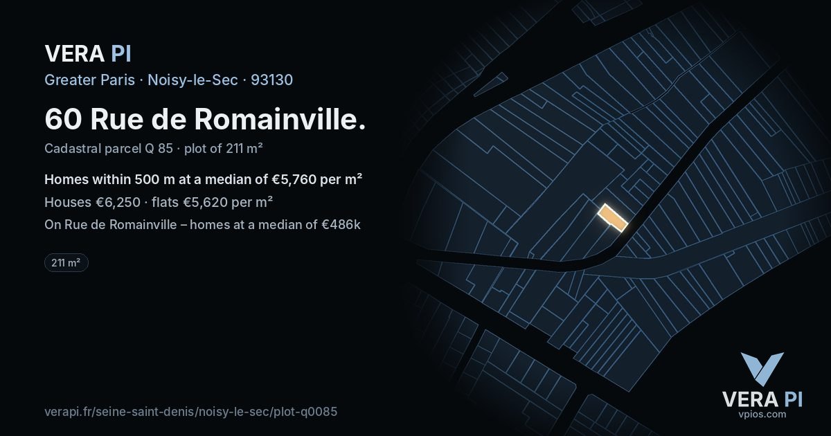 60 Rue de Romainville, Noisy-le-Sec at night – the plot lit, the parcels around coloured by the prices near them
