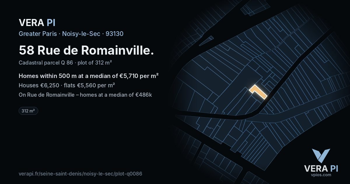58 Rue de Romainville, Noisy-le-Sec at night – the plot lit, the parcels around coloured by the prices near them