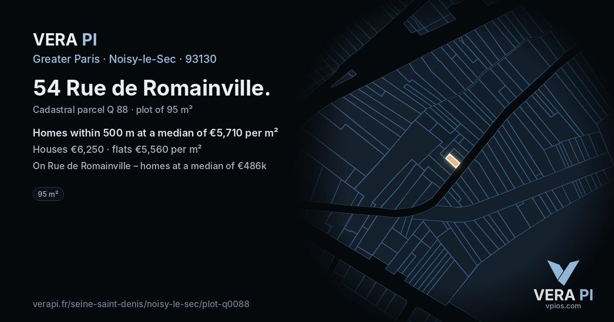 54 Rue de Romainville, Noisy-le-Sec at night – the plot lit, the parcels around coloured by the prices near them