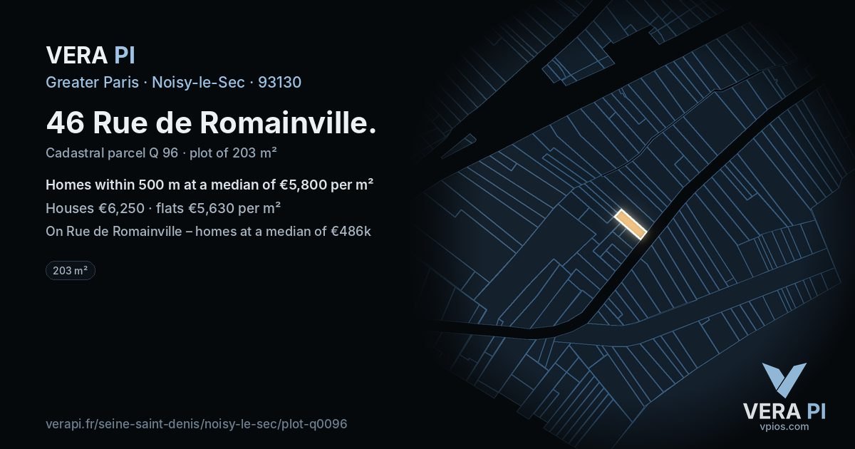46 Rue de Romainville, Noisy-le-Sec at night – the plot lit, the parcels around coloured by the prices near them