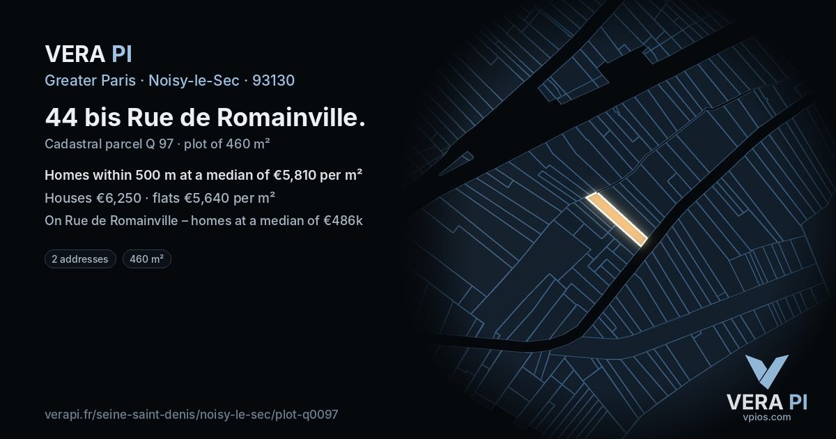 44 bis Rue de Romainville, Noisy-le-Sec at night – the plot lit, the parcels around coloured by the prices near them