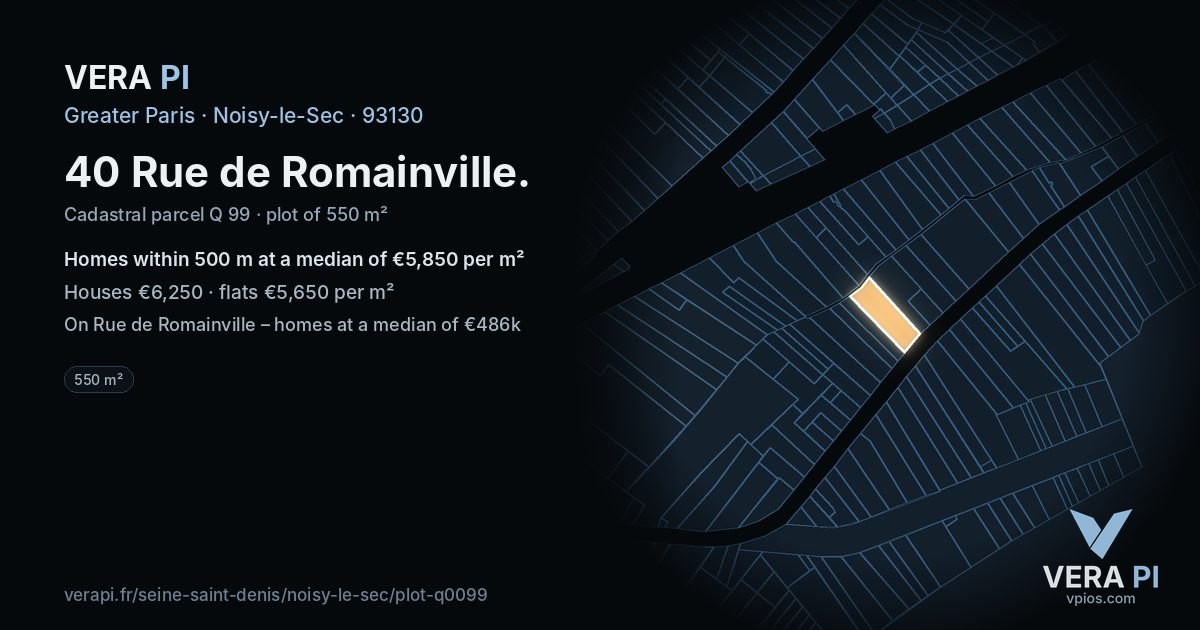 40 Rue de Romainville, Noisy-le-Sec at night – the plot lit, the parcels around coloured by the prices near them