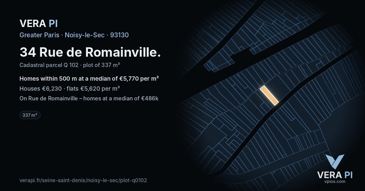 34 Rue de Romainville, Noisy-le-Sec at night – the plot lit, the parcels around coloured by the prices near them