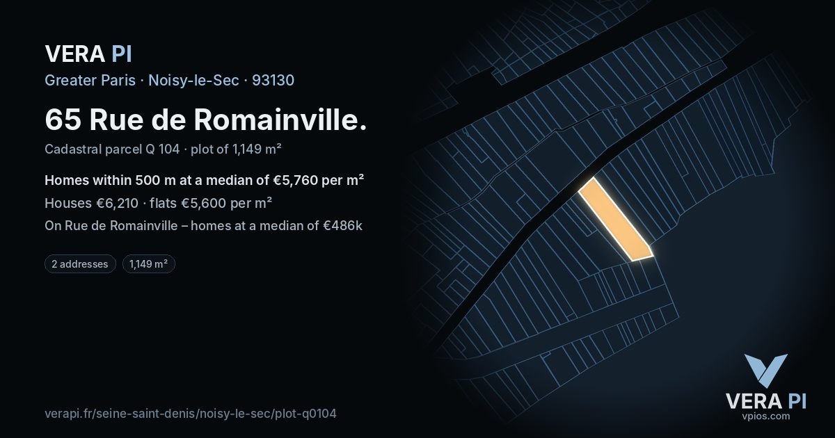 65 Rue de Romainville, Noisy-le-Sec at night – the plot lit, the parcels around coloured by the prices near them