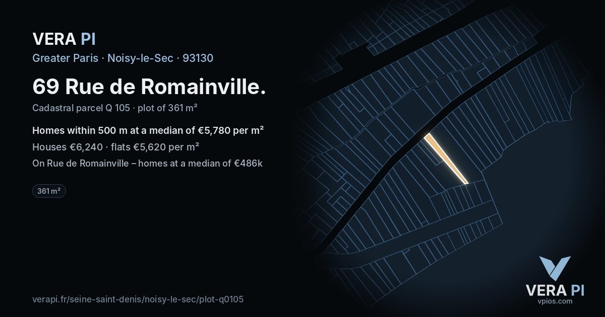 69 Rue de Romainville, Noisy-le-Sec at night – the plot lit, the parcels around coloured by the prices near them