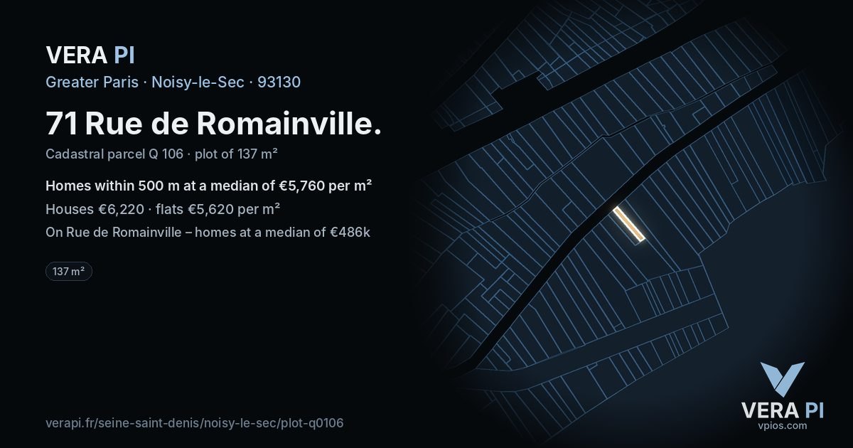 71 Rue de Romainville, Noisy-le-Sec at night – the plot lit, the parcels around coloured by the prices near them